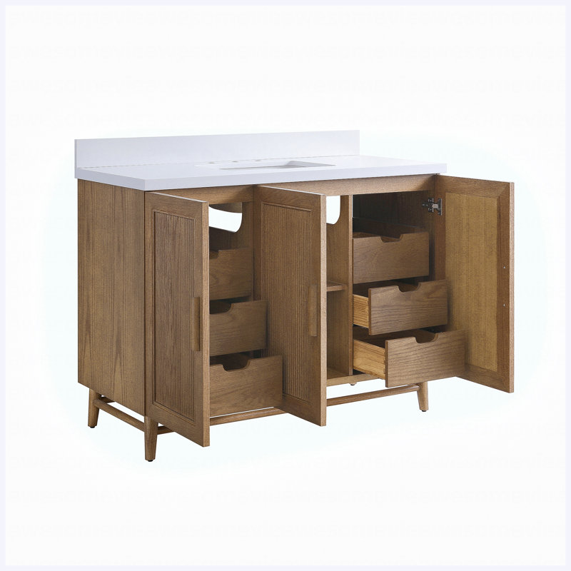 48" Fully Assembled Freestanding Single Sink Bathroom Vanity, Light Coffee Solid Wood Construction with Engineered White Countertop