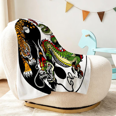 Black Ultra Soft Flannel Fleece Throw Blanket,Dragon and Tiger Symbol Single-Sided Print