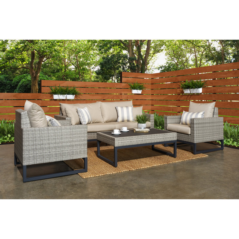 Milo 4 Piece Rattan Sunbrella Sofa Set with Cushions, Beige, Gray