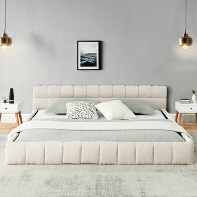 Beige King Upholstered Platform Bed With Soft Headboard, Thick Chenille, No Box Spring, Create A Peaceful Bedroom, Modern Simple Design