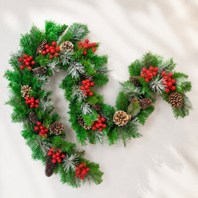 5.9FT Pre-Lit Artificial Christmas Pine Garland with Mixed Needles, Pinecones, and Red Berries