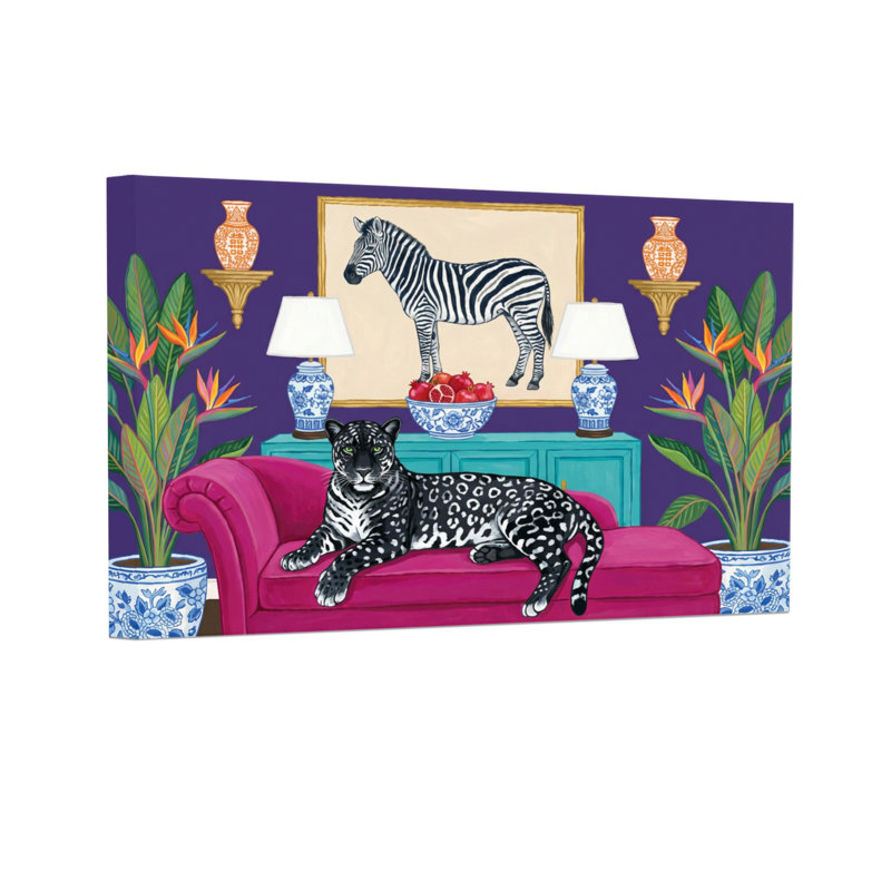 Animaux, animaux exotiques, scène de salon, H 24 po x l 36 po