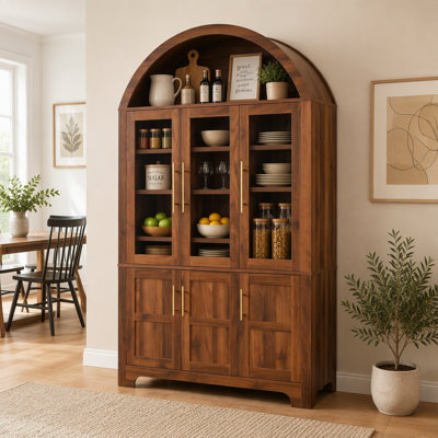 Armoire de cuisine haute de style champêtre avec 3 portes vitrées, étagères de porte et étagères réglables