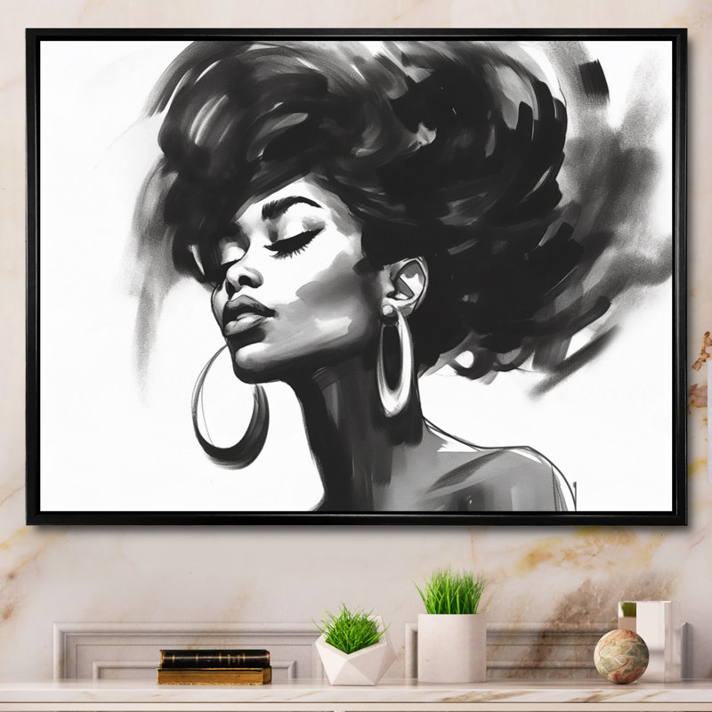Noir et blanc femme afro-américaine III - art mural femme, Cadre flottant noir, H 12 po x l 20 po x P 1 po