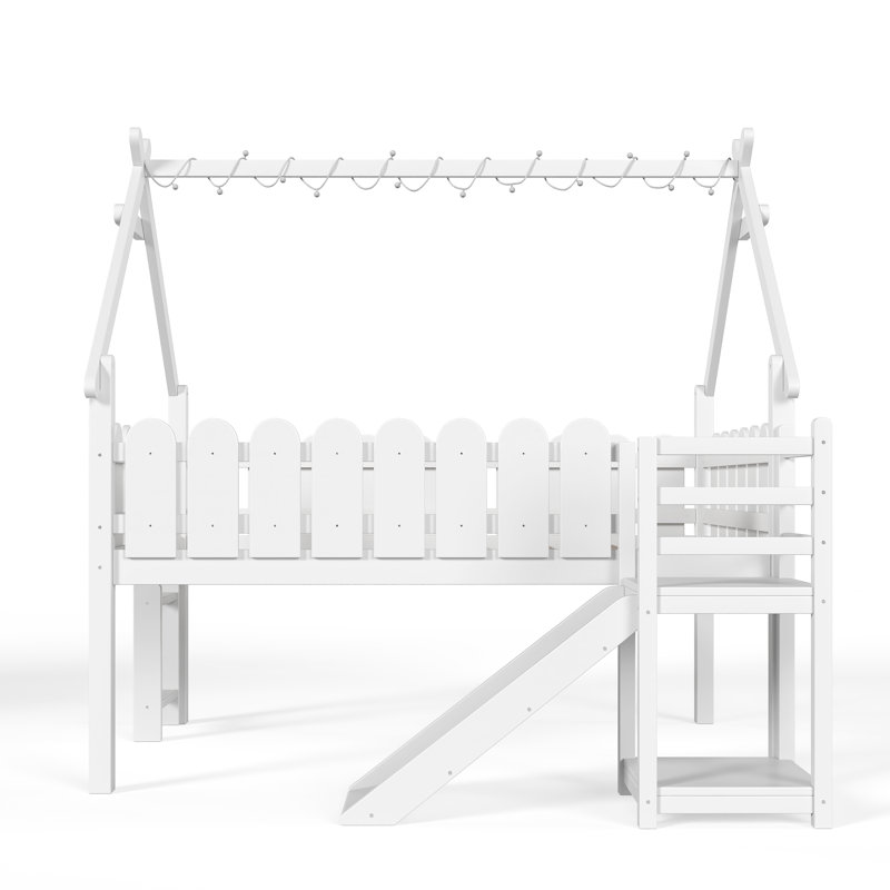 Lit mezzanine double pleine grandeur pour enfants avec glissade, escalier, tablettes de rangement, lumières DEL et garde-corps ronds, blanc