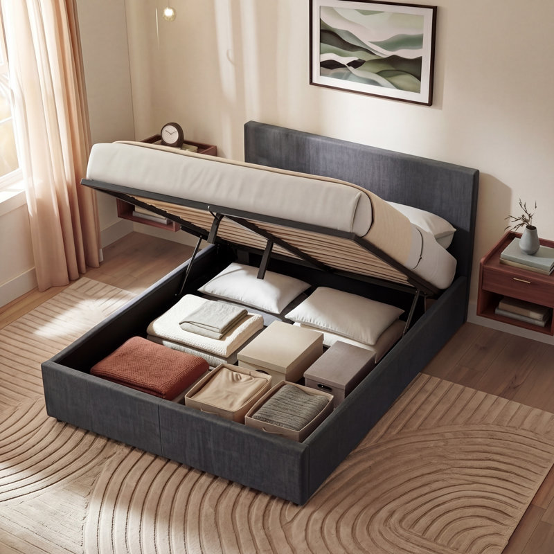 Enya Upholstered Ottoman Bed, UKFR Certified, Dark Grey, Double (4'7)