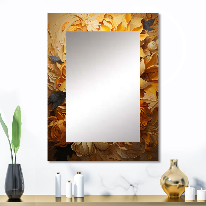 Radiant Reverie Botanical II - grand miroir botanique, décor de miroir mural unique jaune, impression d'art en métal