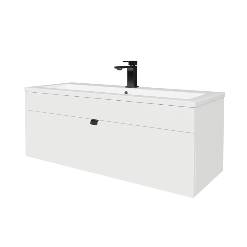 Loft Collection 42" Wall Mount Modern Bathroom Vanity - White / Black Handles, 42", White / Black