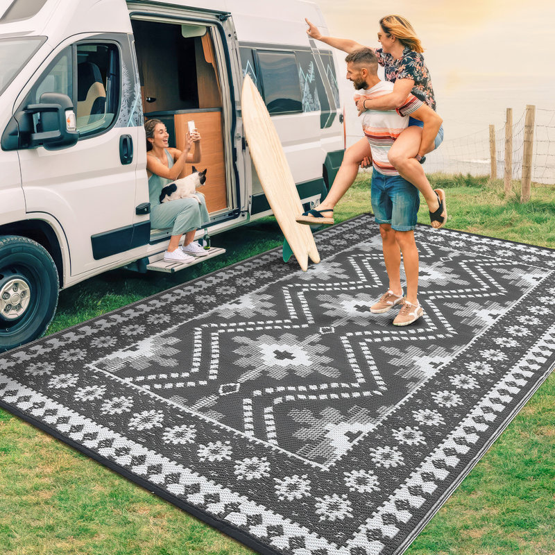 Waterproof Reversible Outdoor Rug – Vintage Diamond Design Plastic Woven Mat – UV Resistant, Easy to Clean – Collapsible Large Carpet for Patio, Deck, Garden, RV, Camping – Grey, 9x18ft (274x549cm)