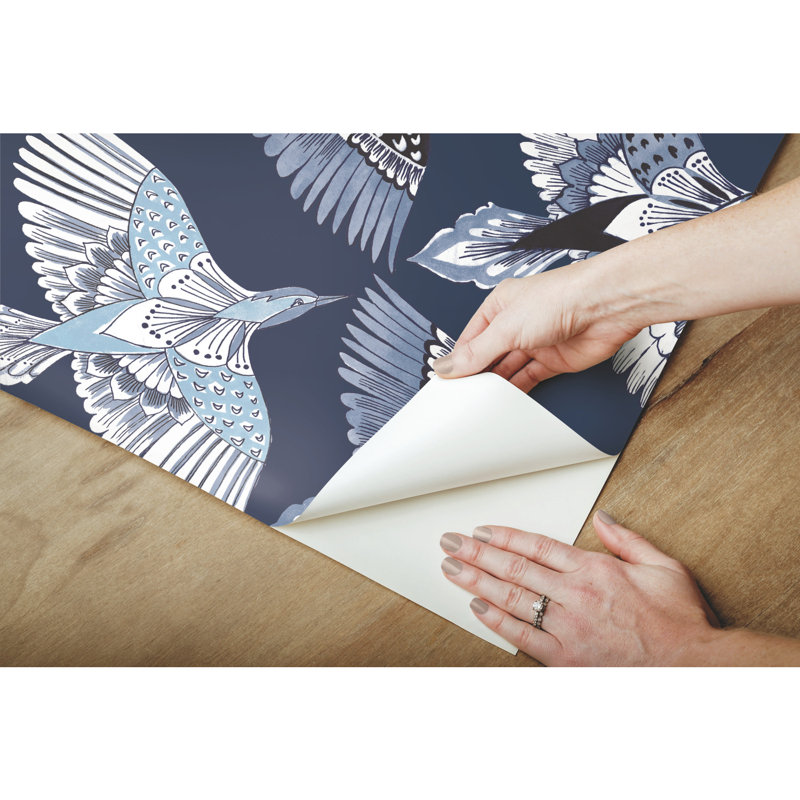 Feather Flight 20' L x 27" W Smooth Peel and Stick Wallpaper Roll, Blue
