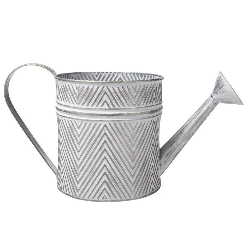Arrosoir rond pour plante avec poignée et motif d'illusion triangulaire au fini gris patiné.
