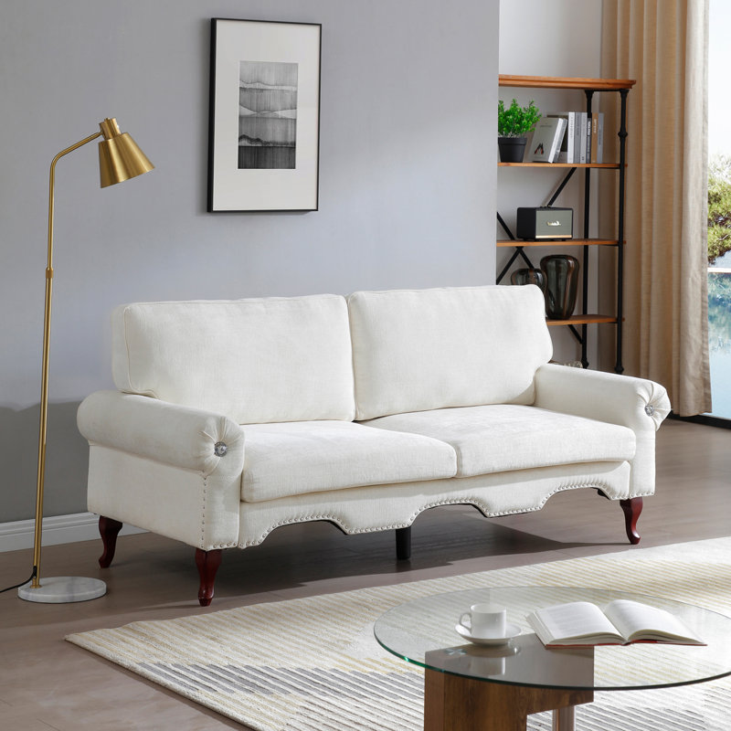 Canapé en lin 80 po avec garniture cloutée et boutons en losange, Beige
