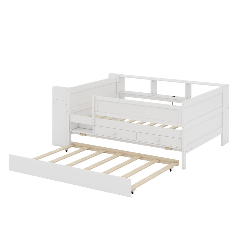 Lit de jour avec tiroirs et lit gigogne, tablettes et tables, station de charge USB, Blanc