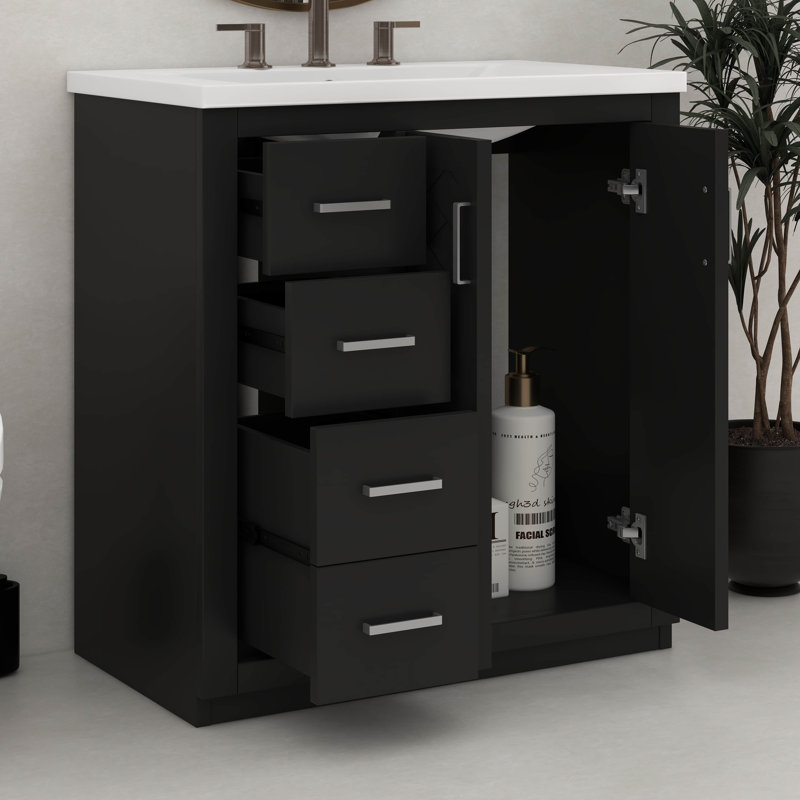 Meuble-lavabo sur pied 36 po avec lavabo en céramique, armoire de rangement moderne à 3 tiroirs et 2 portes, Noir