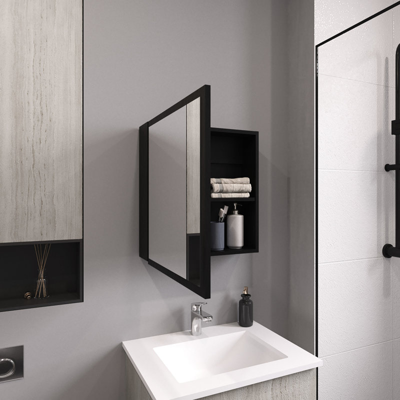 Bathroom & Kitchen Mirror Cabinet 21.1" H X 19.7" W, Black, 4 Shelves, Towel Rack Included Black Medicine For Kitchen, Shelves