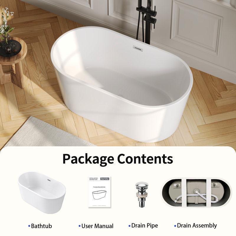 DeerValley 55" X 30" Acrylic Freestanding Soaking Bathtub with Overflow Drain