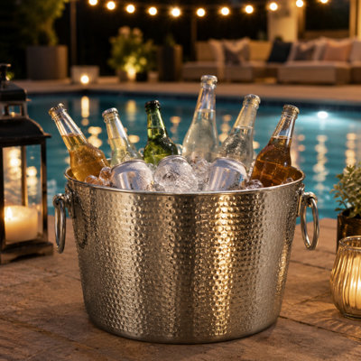 Insulated Hammered Stainless Steel Beverage Tub & Ice Bucket, 12QT - Double-Wall Insulated Tub for Chilled Beer, Wine and Champagne Chilled - Double-Hinged Handles, Easy to Carry