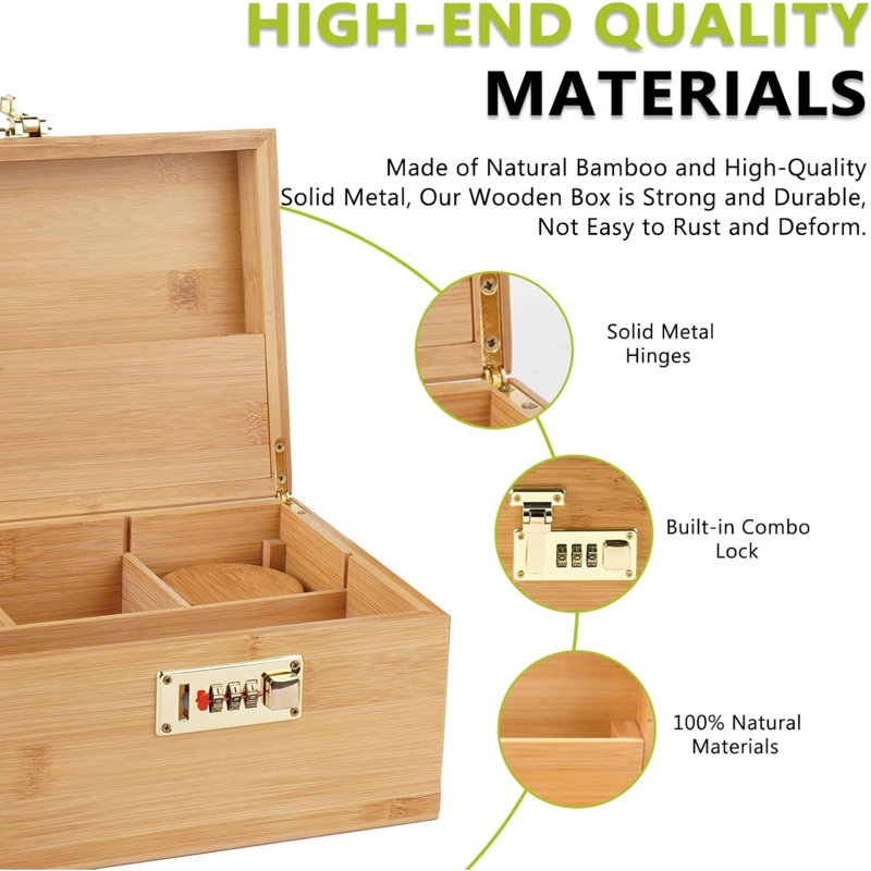 Bamboo Box With Combination Lock Decorative Box For Home Great Gift Choice Stash Storage Lockbox With Storage Jar, Tray, Resealable Bags And More