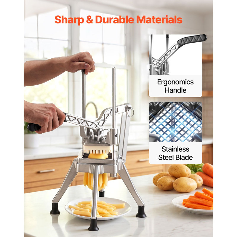 French Fry Cutter, 8,67 po x 8,27 po x 19,69 po, acier inoxydable, 1 pièce, manuel, argent, lame de 1/4 po pour frites