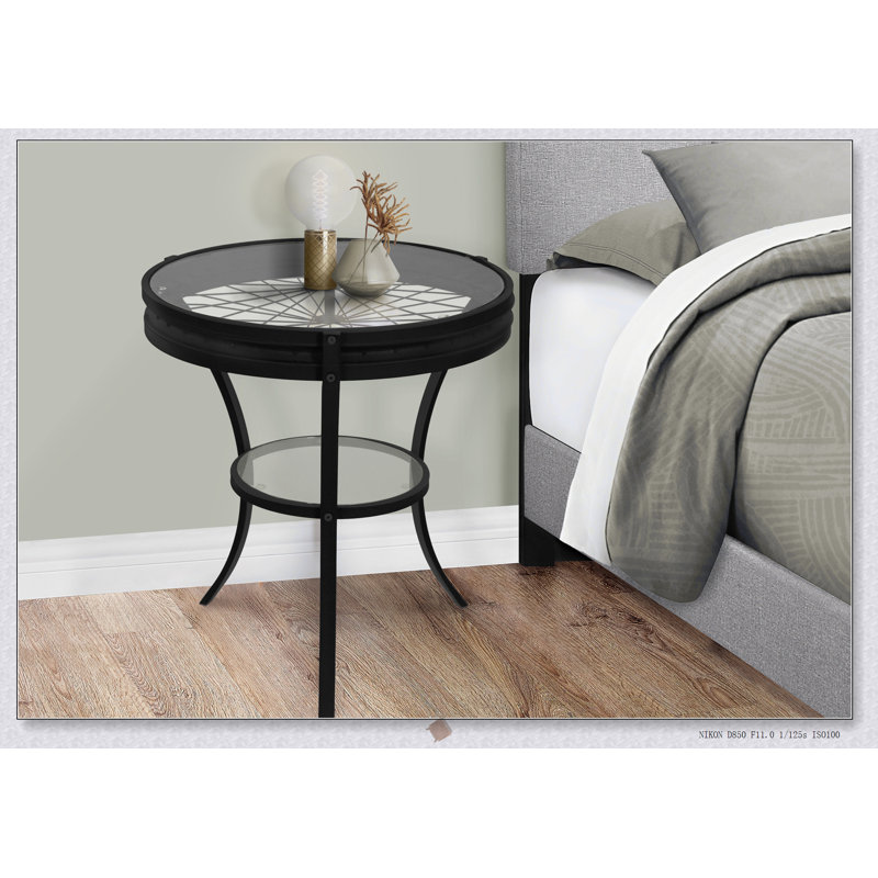 Table d'appoint ronde en verre trempé transparent avec base en métal noir, polyvalente pour une utilisation latérale, de bout ou de chevet