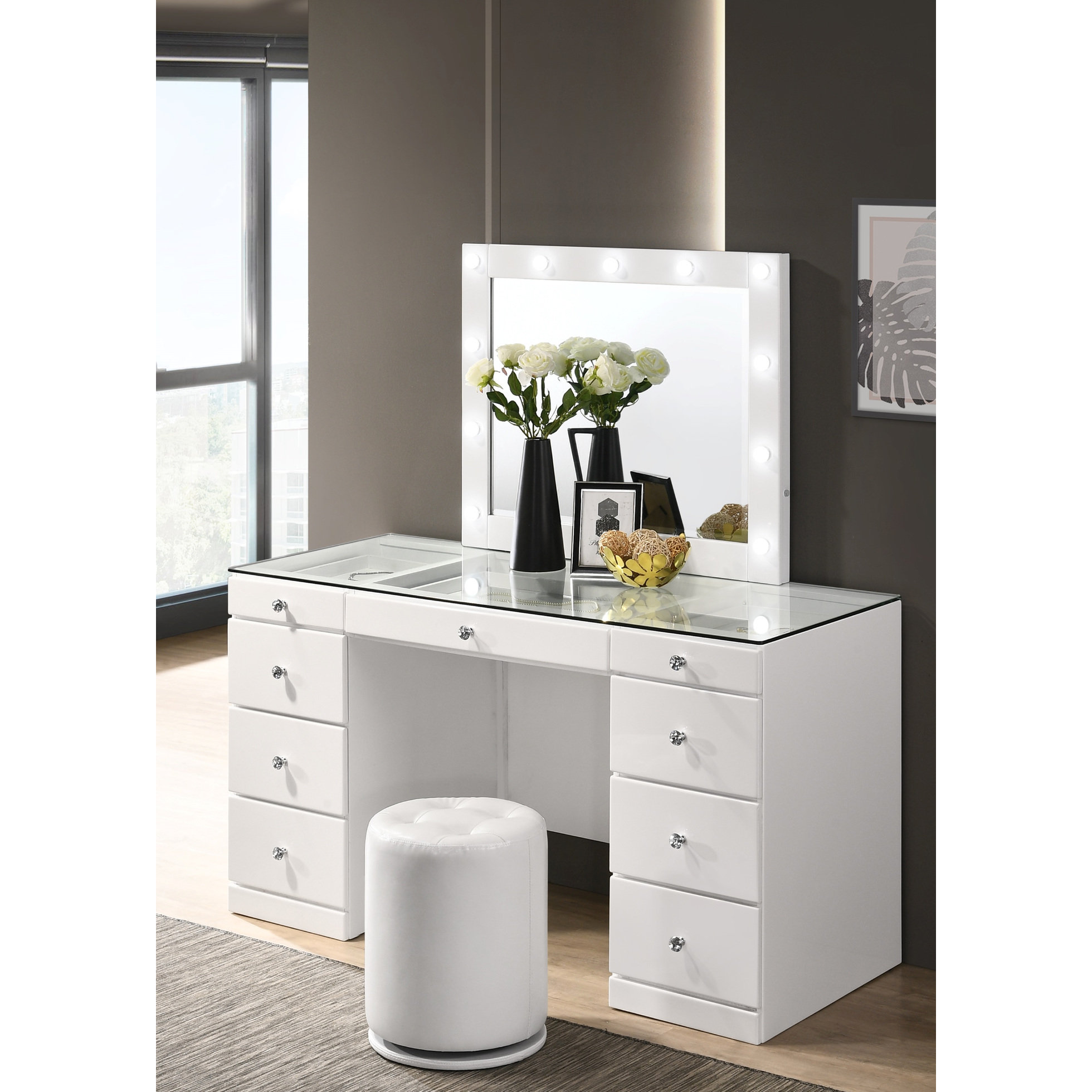 Hokku Designs White Wooden 2pc Makeup Vanity Furniture With Led Mirror