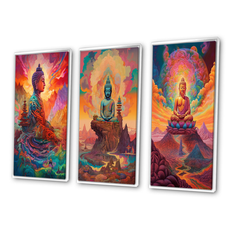 "Bouddha psychédélique dans les montagnes IV", 3 pièces sur toile, Cadre blanc, H 60 po x l 40 po
