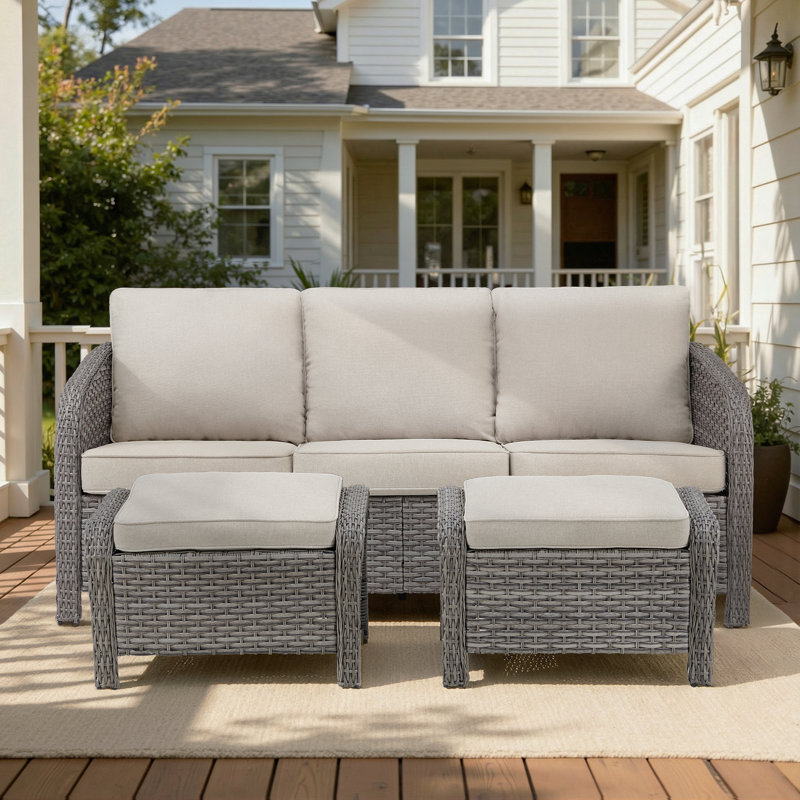 Arcola 3-Piece All-Weather Wicker Patio Enveloping Backrest Sofa With Ottomans