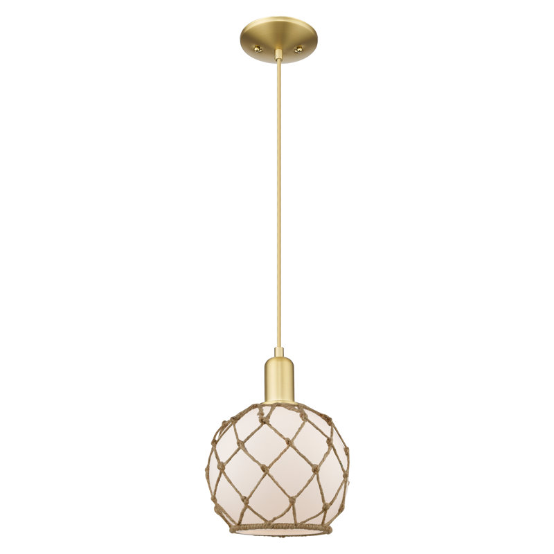 Arcadia - Ametra - Mini-luminaire suspendu à cordon 8 lumières 1 po, Nickel satiné brossé, Verre blanc avec corde brune