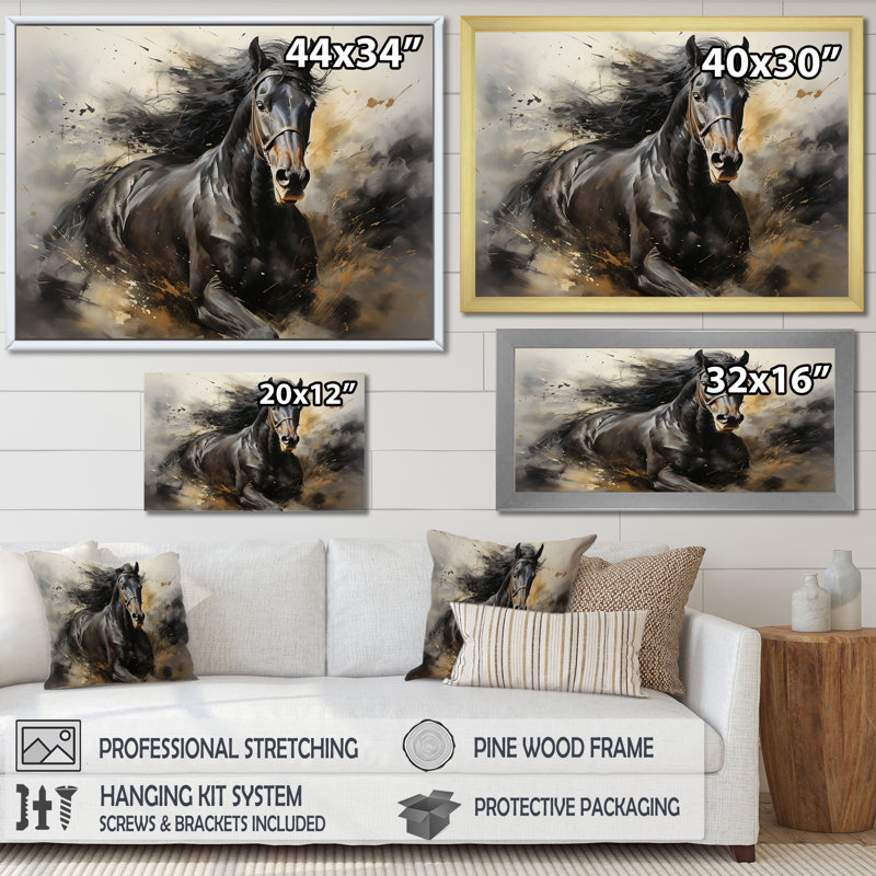 Étalon noir en mouvement I - cheval, art mural, Toile tendue, H 24 po x l 32 po x P 1 po