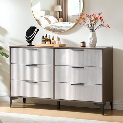 Commode à 6 tiroirs, cannelure large en bois, noyer et blanc, 2 pièces