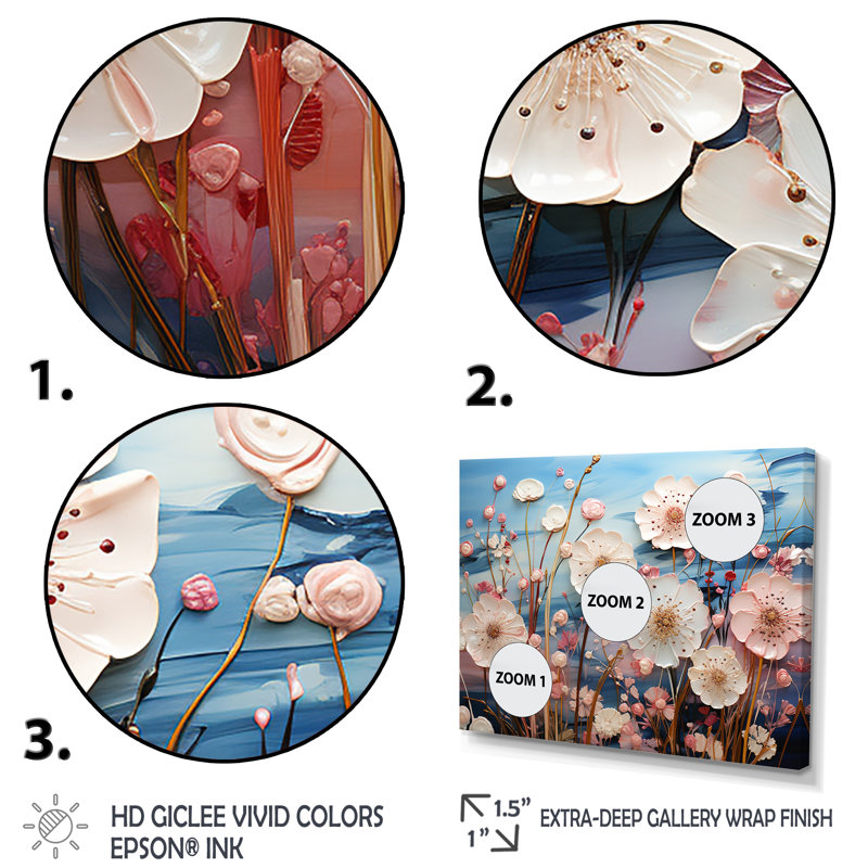 «Blue and Pink Poppy Meadows» - Art mural coquelicots, Cadre d'angle fermé noir, H 30 po x l 40 po x P 1,5 po