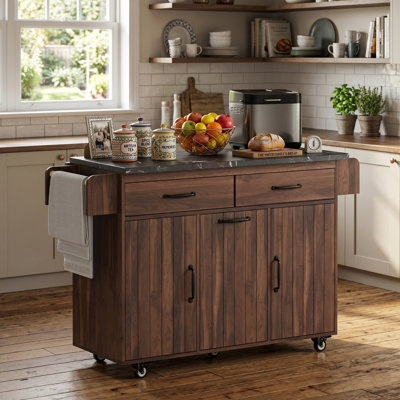 Kitchen Island With Trash Can Storage Cabinet, Kitchen Cart With Drop Leaf, Spice Rack, Towel Rack And Drawer, Rolling Kitchen Island On Wheels With Adjustable Shelf, Walnut Brown