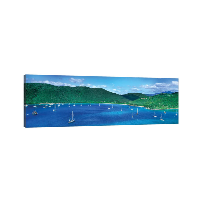 Boats In The Sea, Maho And Francis Bays, North Shore, Saint John, U.S. Virgin Islands by Panoramic Images - Wrapped Canvas Panoramic Print