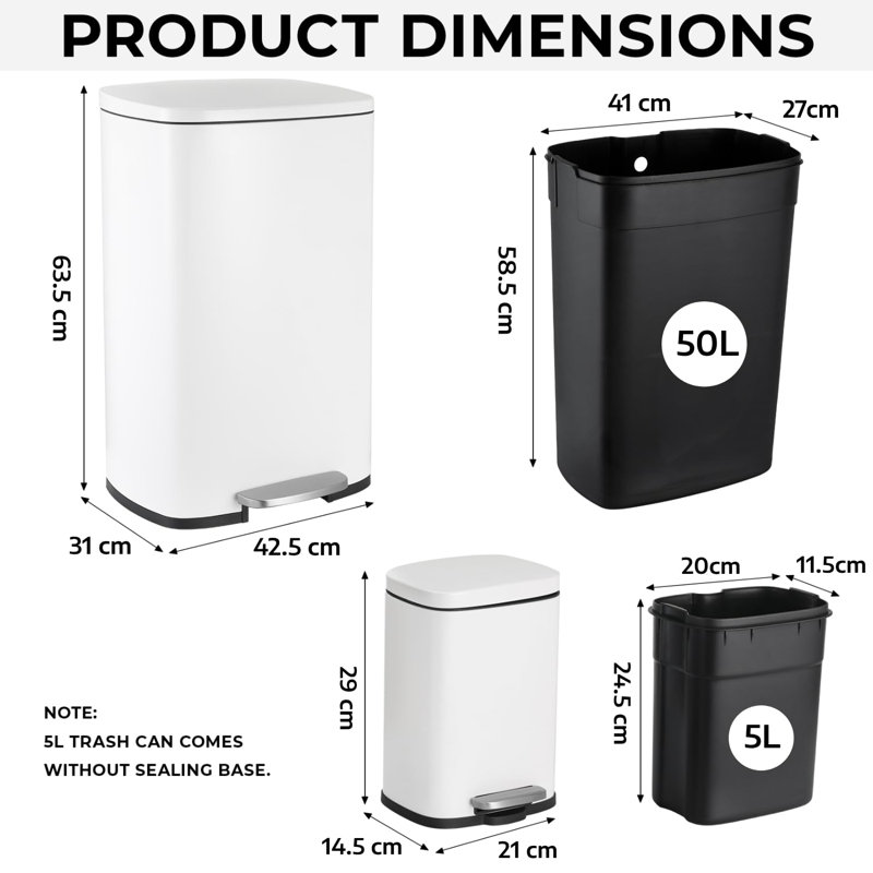 Set Of 2 Steel With Soft Close Lid, Removable Inner Bucket, Odour Isolate, Large And Small Set For Kitchen, Bathroom, Office Stainless Steel 50 Litre Step On Kitchen Trash Can