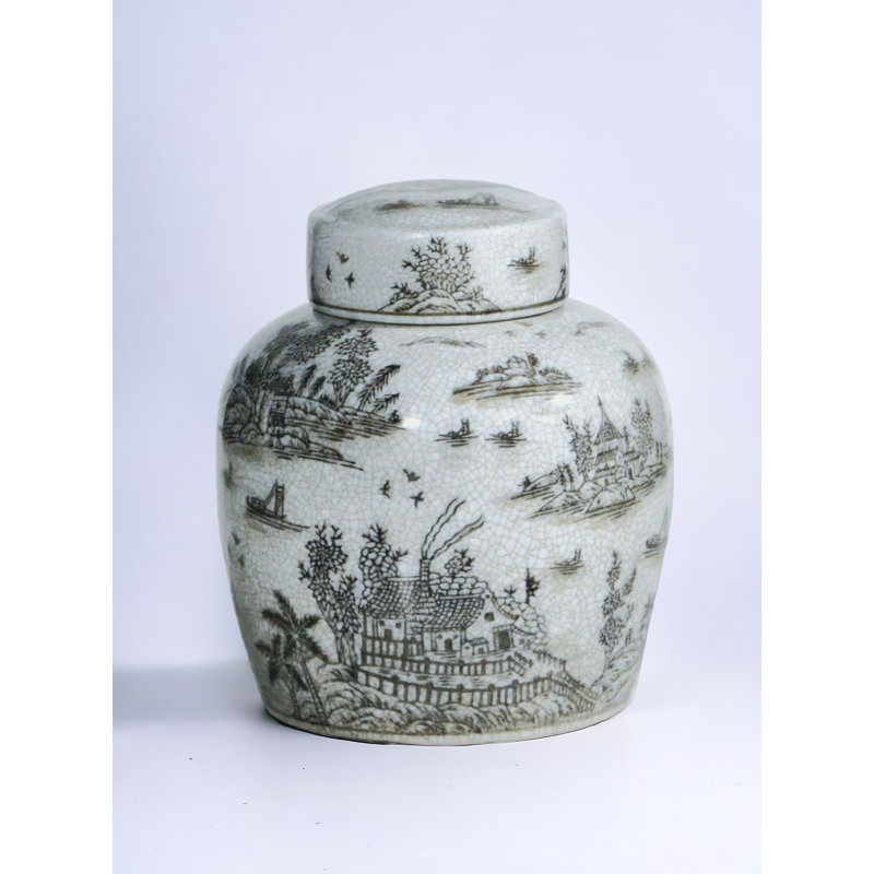 Porcelain Ginger Jar with Chinoiserie Design, Brown, 9"
