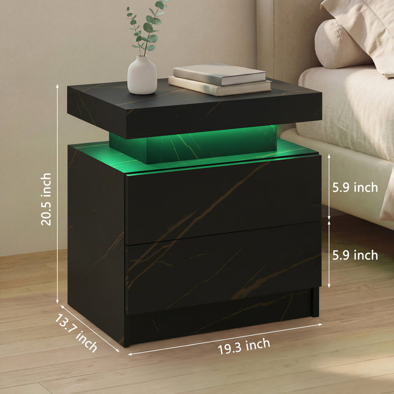 Table de chevet à DEL avec tiroirs, Marbre noir