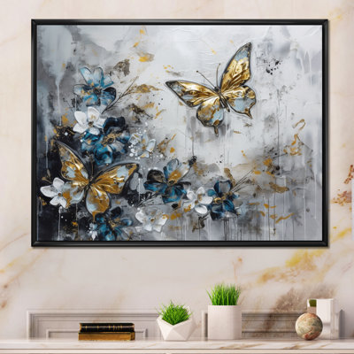 «Ryuko Golden Blue Butterfly Wings And Flowers III», art mural floral