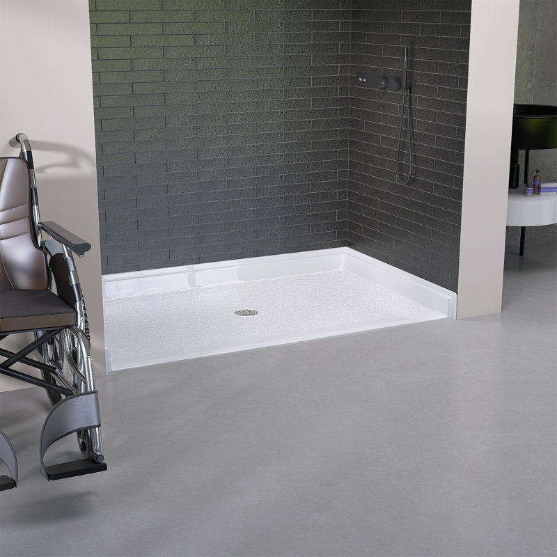 62 In L X 38 In W ADA Single Threshold Center Drain Shower Base In White,Wheel Chair Access, With Slope Type Threshold Assembly