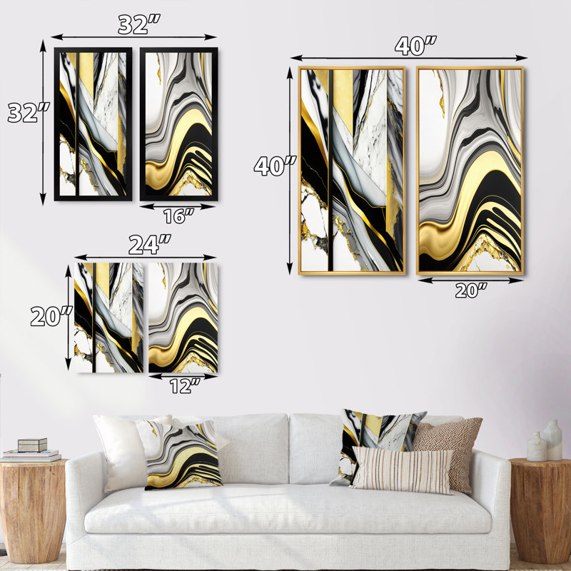 «Abstract Geode Geometric Marble Grey», 2 pièces sur toile, Cadre noir, H 20 po x l 24 po