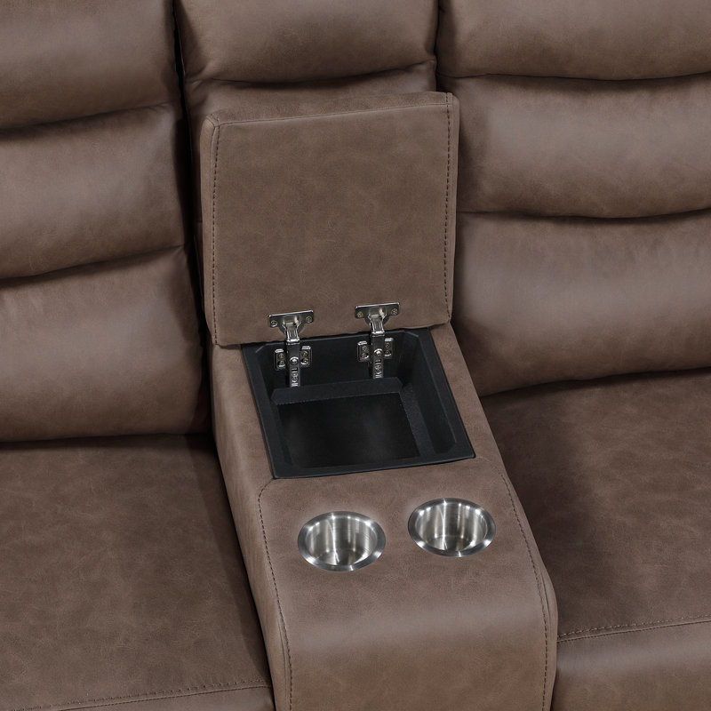 Canapé inclinable moderne deux places marron avec console de rangement, porte-gobelets, revêtement confortable, siège en bois, mobilier de salon, canapé deux places