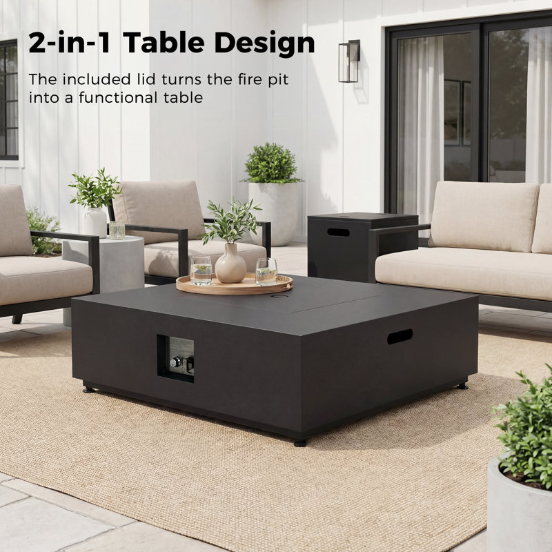 40'' Square Propane Fire Pit Table with Lid, Hidden Tank Side Table, Wind Guard & Cover, 50,000 BTU, Dark Gray