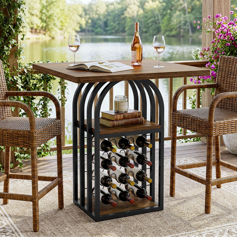 Table de bar carrée industrielle, table bistro H 35 po avec support à vin à 4 niveaux et tablettes