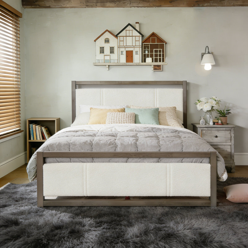Upholstered Bed Frame with Boucle Headboard and Footboard, Rubber Wood Platform Bed with Underbed Storage, Weight Capacity 800 lbs, No Box Spring Needed, Grey+Ivory, King