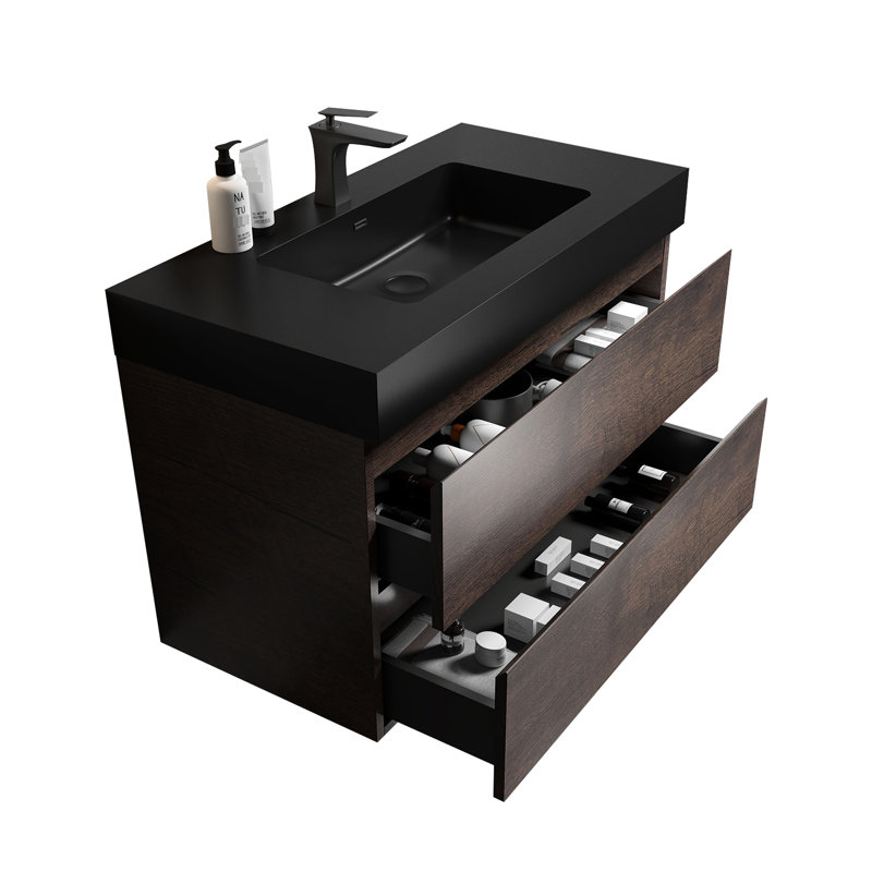Meuble-lavabo 36 po - Noyer, tiroir spacieux, fermeture silencieuse, style sophistiqué et lavabo multiple en noyer contemporain, rangement spacieux, finition,