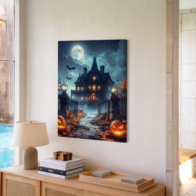 Canvas Haunted Mansion Halloween Gothic House Under Moonlight Wall Art Ready To Hang Gallery Wrapped Home Decor Modern Design Decor