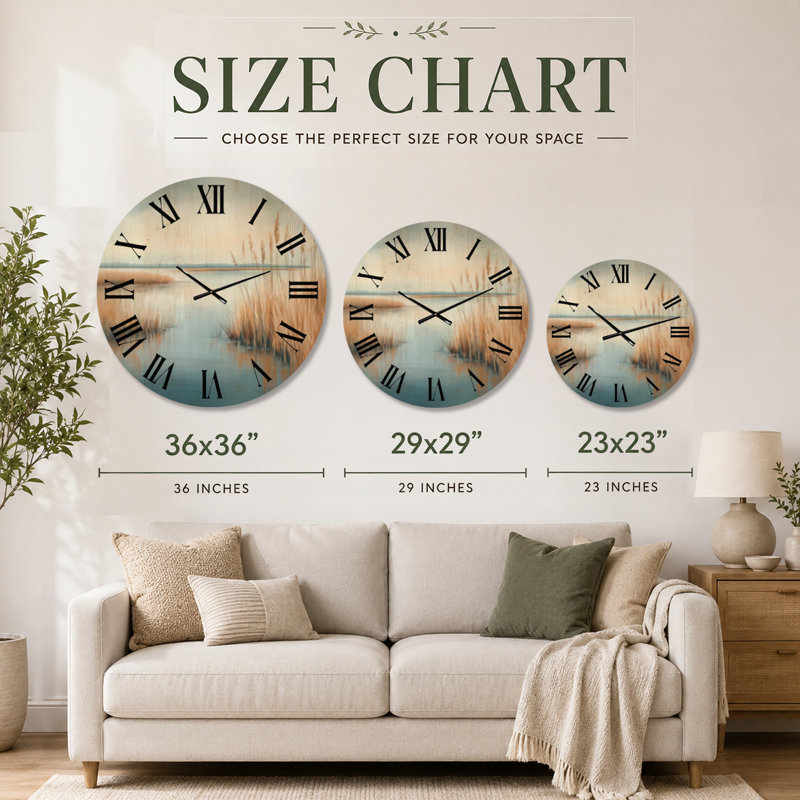 Golden Marsh Reeds II - Horloge murale surdimensionnée de style côtier, imprimée sur bois, Medium