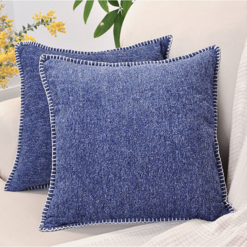 Navy Blue Chenille Square Throw Pillow Covers with Piped Edges (Set of 2)