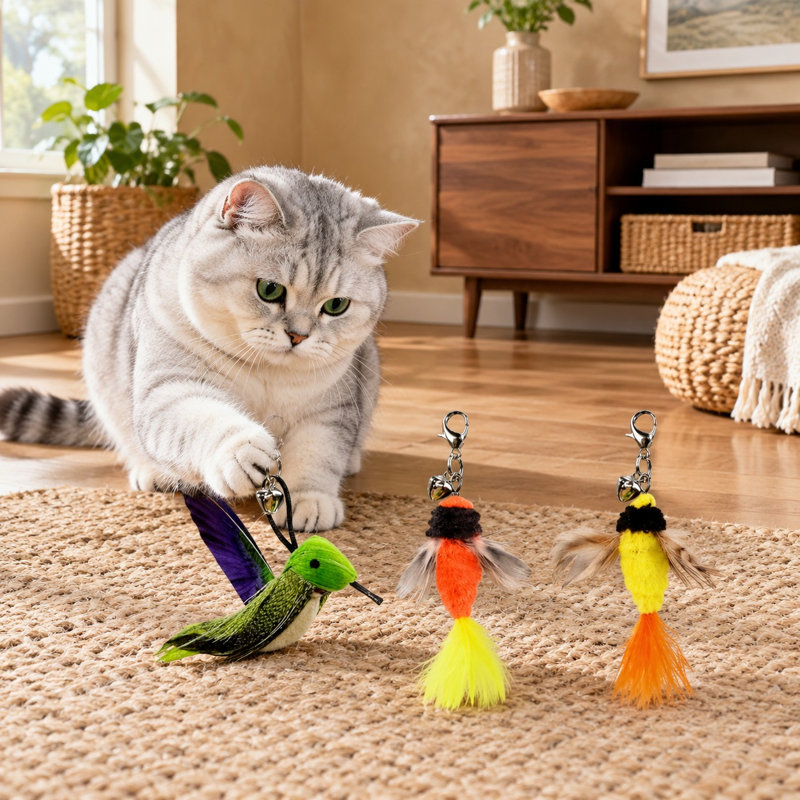 Baguette de jeu colibri douce et duveteuse avec clochette et plume, accessoire de rechange pour jouer à la poursuite des chatons à l'intérieur