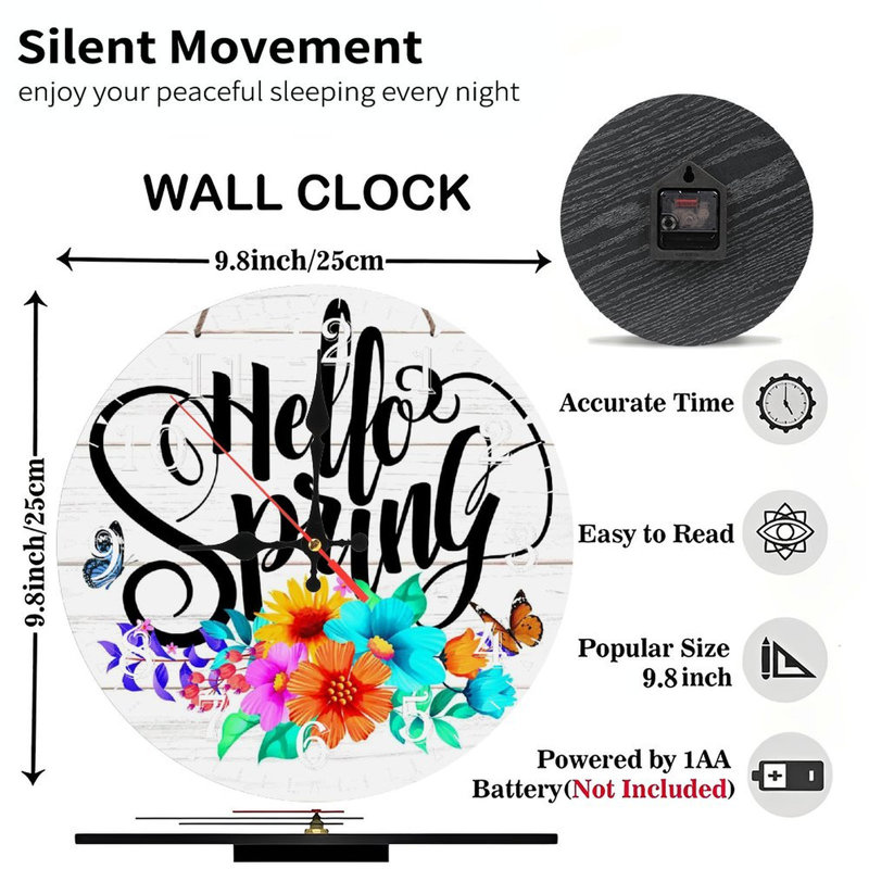 Horloge murale en bois 10 po, mouvement silencieux, à piles (piles AA non incluses), décor artistique, parfait pour les décorations