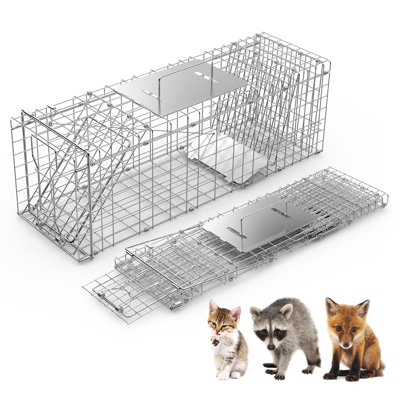 Live Animal Trap Cage 37x14x15in Folding Catch and Release Humane Cat Trap Galvanized Iron for Raccoons Foxes Coyotes Stray Dogs Armadillos Squirrels